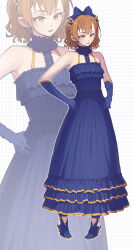 1girl absurdres alternate_costume blue_bow blue_dress blue_gloves blue_shoes bow brown_eyes brown_hair dress elbow_gloves full_body gloves hair_bow hands_on_own_hips high_heels highres karakara_(xryns01) long_sleeves misaka_mikoto off-shoulder_dress off_shoulder shoes simple_background solo toaru_kagaku_no_railgun toaru_majutsu_no_index white_background zoom_layer