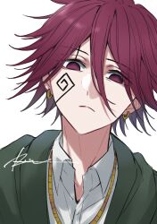 Rule 34 | 1boy, absurdres, carpaccio luo-yang, closed mouth, collared shirt, earrings, empty eyes, facial mark, green robe, hair between eyes, highres, jewelry, looking at another, mashle, r1kuuw, red eyes, red hair, robe, shirt, solo, white background, white shirt