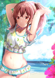 Rule 34 | 1girl, animal, armpits, arms up, azuma yuki, bare arms, bare shoulders, bikini, blush, breasts, brown eyes, brown hair, closed mouth, collarbone, commentary request, day, dog, flower, gluteal fold, groin, highres, horizon, idolmaster, idolmaster shiny colors, komiya kaho, long hair, looking at viewer, navel, ocean, outdoors, palm tree, purple flower, signature, small breasts, smile, solo, sunlight, swimsuit, tree, tying hair, water, wet, white bikini