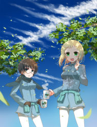Rule 34 | 2girls, black eyes, blonde hair, blush, branch, brown hair, cloud, commentary, cup, day, drink, eini a lukkanen, elma leivonen, flying, glasses, gloves, gradient background, green eyes, highres, leaf, military, military uniform, mug, multiple girls, pantyhose, pouch, scarf, short hair, sky, smile, steam, strike witches, suomio, uniform, white legwear, wind, world witches series