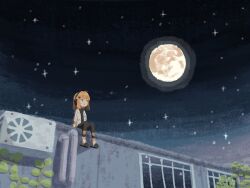 Rule 34 | 1girl, a.i. voice, adachi rei, air conditioner, black leggings, black shirt, boots, commentary, from below, full moon, hair ornament, hairclip, headphones, highres, industrial pipe, jacket, leggings, long sleeves, looking to the side, looking up, medium hair, moon, night, on roof, open clothes, open jacket, open mouth, orange eyes, orange hair, outdoors, overgrown, plant, shirt, sitting, sitting on roof, sky, smile, solo, star (sky), starry sky, turtleneck, utau, vines, white jacket, wide shot, window, yasashii gomibako