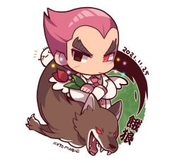 Rule 34 | 1boy, alternate hair color, animal, black eyes, closed mouth, collared shirt, crossed arms, dated, facial scar, flower, holding, holding flower, jacket, kotorai, looking to the side, male focus, mishima kazuya, necktie, open mouth, pink hair, pink necktie, red eyes, red flower, red tulip, scar, scar on cheek, scar on face, sharp teeth, shirt, short hair, teeth, tekken, translation request, tulip, white jacket, white shirt, white wings, wings, wolf