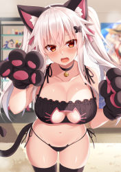 Rule 34 | 1girl, animal ears, animal hands, bell, black bra, black choker, black panties, black thighhighs, blurry, bra, breasts, cat cutout, cat ears, cat girl, cat lingerie, cat tail, choker, cleavage, cleavage cutout, clothing cutout, collarbone, commentary request, cowboy shot, depth of field, etna (kuzuyu), fake animal ears, frilled bra, frills, gloves, hair ornament, hairband, hands up, highres, jingle bell, komori kuzuyu, large breasts, long hair, looking at viewer, meme attire, navel, neck bell, open mouth, original, panties, paw gloves, red eyes, side-tie panties, solo, standing, stomach, string panties, tail, thighhighs, thighs, twintails, underwear, white hair