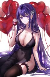 Rule 34 | 1girl, absurdres, at congju, balloon, black dress, black thighhighs, breasts, cleavage, commentary, covered navel, cup, dress, drinking glass, genshin impact, hair behind ear, hair ornament, heart balloon, highres, holding, holding cup, invisible chair, jewelry, large breasts, long hair, looking down, necklace, parted lips, purple hair, raiden shogun, side slit, simple background, sitting, skindentation, smile, solo, thighhighs, very long hair, white background, wine glass