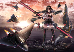 Rule 34 | 10s, 1girl, aircraft, airplane, big.g, black hair, bow (weapon), breasts, brown eyes, crossbow, crossover, fighter jet, japanese clothes, jet, kantai collection, long hair, medium breasts, military, military vehicle, panties, reflection, scythe, shouhou (kancolle), skirt, solo, thighhighs, underwear, weapon