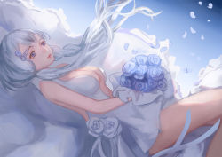 Rule 34 | 1girl, azur lane, bare shoulders, bouquet, breasts, center opening, cleavage, dress, flower, hair flower, hair ornament, halter dress, halterneck, holding, holding bouquet, illustrious (azur lane), illustrious (morning star of love and hope) (azur lane), lace, lace-trimmed dress, lace trim, large breasts, long hair, mllay, official alternate costume, rose, solo, tri tails, veil, wedding dress, white dress, white flower, white hair, white rose