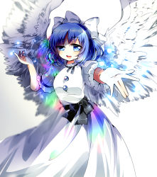 Rule 34 | 1girl, angel wings, bad id, bad pixiv id, black bow, black ribbon, black sash, blue eyes, blue hair, bow, breasts, buttons, chisen maimai, commentary request, dress, feathered wings, hair bow, highres, mai (touhou), puffy short sleeves, puffy sleeves, ribbon, sash, short hair, short sleeves, small breasts, touhou, touhou (pc-98), white bow, white dress, white wings, wings