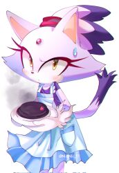 Rule 34 | 1girl, animal ears, apron, blaze the cat, blue apron, burnt food, cat ears, cat girl, cat tail, forehead jewel, fur-trimmed gloves, fur trim, furry, furry female, gloves, highres, holding, holding plate, looking at viewer, nuinu 17, plate, ponytail, purple fur, purple shirt, shirt, sonic (series), sweatdrop, tail, white gloves, yellow eyes