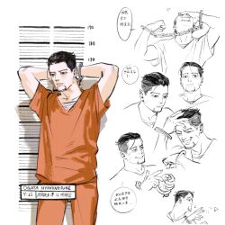 Rule 34 | 1boy, arms behind head, black eyes, black hair, bound, bound wrists, character age, character name, chengongzi123, commentary, cowboy shot, cuffs, english commentary, english text, facial hair, facial scar, goatee, golden kamuy, grin, hand on own face, handcuffs, highres, looking at viewer, male focus, mugshot, multiple views, ogata hyakunosuke, orange pants, orange shirt, pants, partially colored, prison clothes, scar, scar on cheek, scar on face, shirt, short hair, short sleeves, simple background, smile, speech bubble, standing, translation request, undercut, very short hair, white background