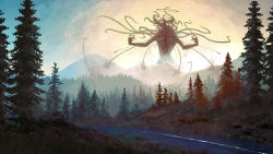 Rule 34 | 1other, commentary request, cthulhu, cthulhu mythos, day, forest, grass, halo, monster, mountain, nature, original, outdoors, road, scenery, sky, solo, tentacles, toye, tree