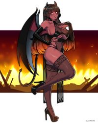Rule 34 | 1girl, absurdres, artist name, ass, black footwear, black hair, black horns, black legwear, black lips, black nails, black sleeves, blunt bangs, blush, breasts, bridal gauntlets, burning, choker, collar, collarbone, colored skin, cut-in, danfer3, demon girl, demon horns, demon tail, demon wings, eyeshadow, fangs, hand on own hip, hand on own chest, high heels, highres, horns, large breasts, lingerie, looking at viewer, makeup, multicolored hair, nail polish, orange hair, original, pointy ears, red skin, ruins, seductive smile, shiny skin, sidelocks, skindentation, smile, standing, standing on one leg, tabard, tail, two-tone hair, underwear, white background, wings, yellow eyes