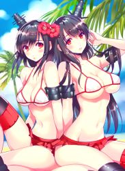 Rule 34 | 10s, 2girls, beach, bikini, black hair, blush, breasts, cleavage, day, flower, fusou (kancolle), hair flower, hair ornament, hibiscus, kantai collection, large breasts, long hair, looking at viewer, miniskirt, multiple girls, navel, nishimura eri, ocean, palm tree, parted lips, red eyes, short hair, sitting, skirt, smile, swimsuit, thighhighs, tree, underboob, yamashiro (kancolle)