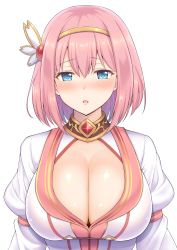 Rule 34 | 1girl, blue eyes, blush, bob cut, breasts, cleavage, cleavage cutout, clothing cutout, hair between eyes, hair ornament, hairband, half-closed eyes, highres, large breasts, looking at viewer, open mouth, pink hair, princess connect!, puffy sleeves, raised eyebrows, shiny skin, shirt, short hair, simple background, solo, sweatdrop, tongue, upper body, white background, white shirt, yue (show-ei), yui (princess connect!)