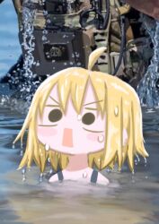 Rule 34 | 1girl, 1other, ahoge, black eyes, blonde hair, female focus, hair between eyes, highres, medium hair, military uniform, null-meta, open mouth, outdoors, partially submerged, rectangular mouth, soldier, solid circle pupils, solo focus, suibotsu (wired), uniform, uozumi kurumi, v-shaped eyebrows, water, wet, wet hair