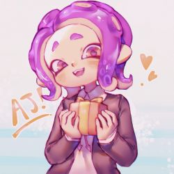 Rule 34 | 1girl, blush, box, collared shirt, forehead, gift, gift box, gradient background, head tilt, heart, highres, holding, holding gift, long sleeves, looking at viewer, medium hair, nintendo, octoling, octoling girl, octoling player character, open mouth, pi q, purple hair, red eyes, shirt, short eyebrows, smile, solo, splatoon (series), suction cups, tentacle hair, upper body