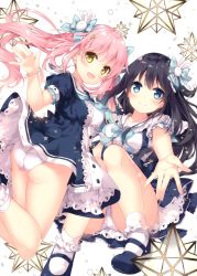 Rule 34 | absurdres, ass, black hair, blue eyes, blue footwear, blush, bow, bracelet, breasts, closed mouth, collarbone, dress, hair bow, hair ornament, hairclip, highres, jewelry, looking at viewer, mary janes, medium breasts, mochizuki shiina, open mouth, original, outstretched hand, panties, pink hair, puffy short sleeves, puffy sleeves, scan, shiny skin, shoes, short dress, short sleeves, simple background, smile, socks, thighs, twintails, underwear, white legwear, white panties, yellow eyes
