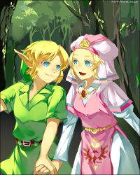 Rule 34 | 1boy, 1girl, blonde hair, blue eyes, couple, holding hands, hat, hetero, link, lowres, muse (rainforest), navi, nintendo, pointy ears, princess zelda, the legend of zelda, the legend of zelda: ocarina of time, young link, young zelda