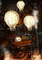 Rule 34 | artist name, clock, gears, highres, inika, light bulb, no humans, original, scenery, steampunk, vehicle focus