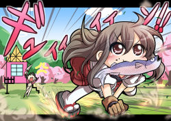 Rule 34 | 10s, 2girls, akagi (kancolle), anger vein, bad id, bad pixiv id, brown eyes, brown hair, character request, cherry blossoms, commentary request, d.a, fish, food in mouth, gloves, house, japanese clothes, kantai collection, kitchen knife, long hair, multiple girls, muneate, partially fingerless gloves, partly fingerless gloves, running, thighhighs, yugake