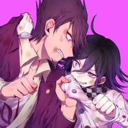 Rule 34 | 2boys, ahoge, anger vein, angry, ascot, battle, beard, black hair, bruise, bruise on face, checkered ascot, checkered clothes, checkered scarf, clenched hand, clenched teeth, clothes grab, collared shirt, crazy eyes, danganronpa (series), danganronpa v3: killing harmony, eye contact, facial hair, grabbing, hair between eyes, highres, injury, jacket, long sleeves, looking at another, male focus, momota kaito, multiple boys, nanin, open clothes, open jacket, open mouth, oma kokichi, pink background, purple eyes, purple hair, purple jacket, scarf, school uniform, shirt, simple background, teeth, upper body, white shirt, wing collar