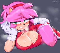 Rule 34 | 1girl, absurdres, amy rose, animal nose, artist name, blush, boots, breasts, cleavage, dress, furry, furry female, gloves, green eyes, grey background, hairband, hand on own hip, heart, heart-shaped pupils, heavy breathing, hedgehog, highres, large breasts, nezulet, smile, solo, sonic (series), steam, sweat, symbol-shaped pupils, thick thighs, thighs, torn clothes, white gloves