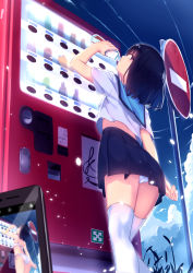 Rule 34 | 1girl, arm at side, ass, black hair, blue skirt, bottle, bra, cellphone, cloud, commentary request, contrail, day, drinking, from behind, highres, looking back, original, outdoors, panties, pantyshot, phone, plant, pleated skirt, purple eyes, revision, road sign, school uniform, serafuku, shirt, short hair, short sleeves, sign, skirt, smartphone, solo, standing, thighhighs, underwear, vending machine, white bra, white panties, white shirt, white thighhighs, yan (nicknikg)