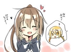 Rule 34 | 2girls, :d, ?, blonde hair, blush, brown hair, closed eyes, fumizuki (kancolle), hands on own cheeks, hands on own face, heart, kantai collection, long hair, low twintails, multiple girls, nagasioo, open mouth, ponytail, satsuki (kancolle), school uniform, serafuku, simple background, smile, spoken character, translation request, twintails, white background, yellow eyes