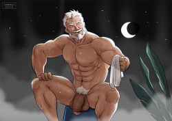 Rule 34 | 1boy, abs, bara, beard, cerberus arts, completely nude, facial hair, feet out of frame, foreskin, hogen (housamo), horns, large pectorals, large penis, looking at viewer, male focus, mature male, moon, muscular, muscular male, nipples, nude, old, old man, pectorals, penis, single horn, sitting, smile, solo, sweat, tokyo houkago summoners, towel, uncensored, yellow eyes
