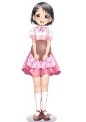 Rule 34 | 1girl, :d, apron, black hair, blush, bow, brown eyes, brown footwear, collared shirt, dress shirt, food, full body, gingham, gingham apron, hair ornament, hairclip, head tilt, highres, holding, holding tray, idolmaster, idolmaster cinderella girls, idolmaster cinderella girls starlight stage, kneehighs, mary janes, open mouth, pink apron, pink bow, pink skirt, plaid, plaid apron, plaid bow, pleated skirt, puffy short sleeves, puffy sleeves, regular mow, sasaki chie, shadow, shirt, shoes, short sleeves, skirt, smile, socks, solo, standing, swept bangs, tray, uniform, unmoving pattern, waitress, white background, white shirt, white socks