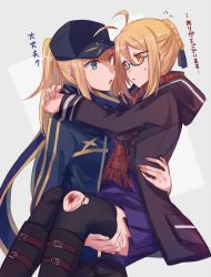 Rule 34 | 2girls, ahoge, aoki shizumi, artoria pendragon (fate), bad id, bad pixiv id, bespectacled, blood, blue eyes, blue jacket, blush, braid, carrying, dual persona, fate/grand order, fate (series), french braid, glasses, grey background, injury, jacket, kneehighs, looking at another, multiple girls, mysterious heroine x (fate), mysterious heroine x alter (fate), mysterious heroine x alter (first ascension) (fate), open mouth, ponytail, princess carry, scarf, scraped knee, socks, sweat, thighhighs, torn clothes, torn legwear, translated, yellow eyes