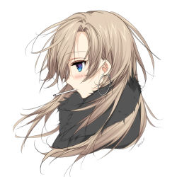 Rule 34 | 1girl, artist name, bad id, bad pixiv id, black coat, blue eyes, blush, brown hair, cigarette, close-up, coat, earrings, eyelashes, from side, fur trim, highres, jewelry, long hair, misteor, mouth hold, original, portrait, profile, simple background, smoking, solo, white background