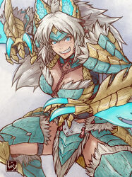 1girl armor between_breasts black_gloves blue_armor blue_eyes blue_headband breasts cleavage eyelashes fang fur-trimmed_armor fur_trim gauntlets gloves grey_hair grin headband long_hair medium_breasts monster_hunter_(character) monster_hunter_(series) parted_bangs pink_lips red_rope rope shoulder_armor smile solo tanabanata v-shaped_eyebrows yellow_armor zinogre_(armor)