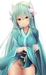 Rule 34 | 1girl, aqua hair, blue kimono, breasts, clothes lift, dragon horns, fate/grand order, fate (series), highres, horns, japanese clothes, kimono, kimono lift, kiyohime (fate), large breasts, lifted by self, looking at viewer, no panties, obi, sash, sen (astronomy), simple background, smile, solo, thighhighs, thighs, white background, white thighhighs, yellow eyes