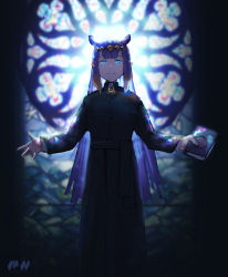 Rule 34 | 1girl, absurdres, alternate costume, ao-chan (ninomae ina&#039;nis), backlighting, blue eyes, book, buttons, commentary, english commentary, glowing, glowing eyes, highres, holding, holding book, hololive, hololive english, horns, long hair, ninomae ina&#039;nis, open hand, priest, solo, stained glass, tentacle hair, very long hair, vincent wu, virtual youtuber