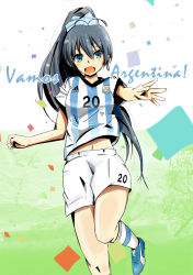 Rule 34 | 1girl, 2014 fifa world cup, adidas, argentina, argentinian flag, argentinian flag print, black hair, blue eyes, color connection, confetti, fang, flag print, ganaha hibiki, high ponytail, idolmaster, idolmaster (classic), kneehighs, long hair, looking at viewer, navel, open mouth, outstretched arm, ryuu., shirt, shorts, soccer, soccer uniform, socks, solo, spanish text, sportswear, striped clothes, striped shirt, vertical-striped clothes, vertical-striped shirt, world cup