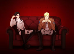 Rule 34 | 2boys, ascot, bad id, bad pixiv id, belt, black eyes, black hair, blonde hair, bolo tie, boots, copyright name, couch, ascot, erwin smith, holster, jacket, knee boots, levi (shingeki no kyojin), male focus, multiple boys, red upholstery, shingeki no kyojin, siroii, sitting, sword, thigh strap, three-dimensional maneuver gear, uniform, weapon