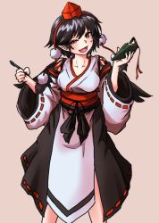 Rule 34 | 1girl, :d, bird wings, black hair, black wings, brown background, hat, highres, holding, holding notebook, holding pen, japanese clothes, kimono, kourindou tengu costume, looking at viewer, notebook, nygkenon, official alternate costume, open mouth, pen, pointy ears, pom pom (clothes), red eyes, red hat, sash, shameimaru aya, short hair, simple background, smile, solo, tokin hat, touhou, white kimono, wings