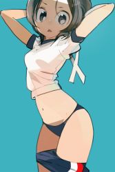 Rule 34 | 1girl, amiami, arms up, blue background, clothes pull, female focus, looking at viewer, midriff, navel, shorts, shorts pull, simple background, solo