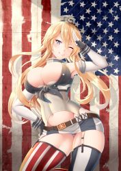 Rule 34 | 10s, 1girl, ;q, american flag, american flag panties, american flag print, asymmetrical legwear, belt, blonde hair, blue eyes, breasts, closed mouth, clothes lift, eyebrows, fingerless gloves, flag background, front-tie top, garter straps, gloves, hair between eyes, hand on own hip, head tilt, headgear, iowa (kancolle), kantai collection, large breasts, leaning to the side, long hair, looking at viewer, microskirt, mismatched legwear, navel, one eye closed, panties, pantyshot, print panties, salute, shade, skirt, skirt lift, smile, solo, standing, standing on one leg, star-shaped pupils, star (symbol), star print, stomach, striped, symbol-shaped pupils, thighhighs, tongue, tongue out, underwear, vertical stripes, wrist cuffs, zukky