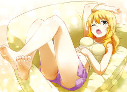 Rule 34 | 1girl, ahoge, arm up, armpits, bare legs, barefoot, blonde hair, breasts, couch, dolphin shorts, feet, green eyes, hand on own stomach, hoshii miki, idolmaster, idolmaster (classic), legs, lying, midriff, nagian, on back, one eye closed, open mouth, panties, panty peek, pantyshot, reclining, short shorts, shorts, soles, solo, tank top, tears, toes, underwear, upshorts, wink, yawning