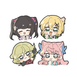 4girls :3 akatsuki_kirika aqua_dress arm_up black_gloves blonde_hair blue_eyes blush blush_stickers brown_hair carol_malus_dienheim chibi chibi_only closed_mouth cropped_torso double_v dress eyebrows_hidden_by_hair flat_chest gloves green_eyes green_jacket hair_between_eyes highres jacket long_hair looking_at_viewer maria_cadenzavna_eve multiple_girls open_mouth pink_hair purple_dress red_dress senki_zesshou_symphogear short_hair short_twintails simple_background smile tetorinpa tsukuyomi_shirabe twintails upper_body v wavy_eyes white_background