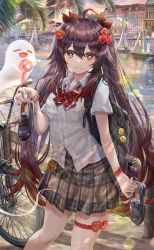 Rule 34 | 1girl, ahoge, alternate costume, backpack, bag, bicycle, blush, boat, bow, bowtie, brown hair, building, electric fan, flower, genshin impact, ghost, hair between eyes, hand fan, handheld electric fan, hat, highres, holding, holding fan, hu tao (genshin impact), jewelry, lake, long hair, looking at viewer, nail polish, red eyes, revision, school uniform, shirt, shoes, skirt, smile, solo, symbol-shaped pupils, thigh strap, torino aqua, twintails, watercraft