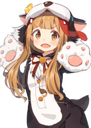 Rule 34 | 1girl, :d, animal costume, animal hands, brown eyes, brown hair, cosplay, fangs, gloves, highres, ichihara nina, idolmaster, idolmaster cinderella girls, kigurumi, long hair, looking at viewer, open mouth, paw gloves, shone, simple background, smile, solo, v-shaped eyebrows, white background, wolf costume