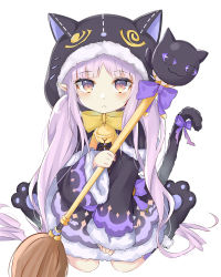 Rule 34 | 1girl, animal ears, animal hood, bell, black capelet, black footwear, black jacket, black skirt, blush, bow, capelet, cat ears, cat hood, cat tail, closed mouth, fake animal ears, full body, fur-trimmed capelet, fur-trimmed hood, fur-trimmed skirt, fur-trimmed sleeves, fur trim, highres, holding, holding staff, hood, hood up, hooded capelet, jacket, jingle bell, kyoka (halloween) (princess connect!), kyoka (princess connect!), long hair, long sleeves, looking at viewer, low twintails, paw shoes, pointy ears, princess connect!, purple bow, purple hair, red eyes, shoes, simple background, sitting, skirt, sleeves past wrists, socks, solo, staff, striped clothes, striped socks, swon (joy200892), tail, tail bow, tail ornament, tail raised, twintails, very long hair, wariza, white background, wide sleeves, yellow bow