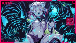 Rule 34 | 1girl, 2022, ahoge, black panties, black shirt, black shorts, blue hair, bodypaint, bracelet, breasts, chain, chinese zodiac, claw pose, colored eyelashes, commentary, crop top, fangs, fingernails, fur-trimmed shorts, fur trim, gradient hair, headphones, jewelry, kneeling, kura1582, long fingernails, looking at viewer, multicolored hair, multiple rings, nail polish, navel piercing, nengajou, neon palette, new year, open clothes, open shorts, original, panties, piercing, pink hair, pink nails, ring, sharp fingernails, shirt, short bangs, shorts, sleeveless, sleeveless shirt, small breasts, solo, stomach, streaked hair, tiger, underboob, underwear, white hair, year of the tiger