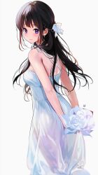 Rule 34 | 1girl, absurdres, arms behind back, artist logo, bare arms, bare shoulders, black hair, blush, bouquet, bow, braid, breasts, chitanda eru, dress, earrings, flower, from side, hair bow, hair ornament, highres, holding, holding bouquet, holding flower, hyouka, jewelry, large breasts, long hair, mery (yangmalgage), purple eyes, see-through, see-through dress, solo, wedding dress, white bow, white dress, white flower