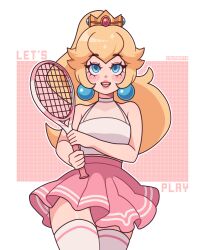 Rule 34 | 1girl, :d, artist name, bare arms, bare shoulders, blonde hair, blue eyes, blush stickers, coboy shot, collar, cremanata, crown, earrings, english text, eyelashes, eyeshadow, highres, holding, holding racket, jewelry, lips, long hair, looking at viewer, makeup, mario (series), mario tennis, nintendo, open mouth, outline, pink background, pink eyeshadow, pink skirt, princess peach, racket, shirt, skirt, sleeveless, sleeveless shirt, smile, solo, sphere earrings, teeth, tennis racket, thick eyebrows, thighhighs, upper teeth only, white background, white collar, white outline, white shirt, white thighhighs