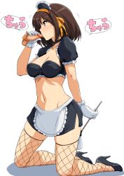 Rule 34 | 1girl, absurdres, apron, breasts, brown eyes, brown hair, censored, cleavage, fellatio, fishnet thighhighs, fishnets, full body, gloves, hairband, haruhisky, highres, kneeling, maid, maid headdress, male pubic hair, medium breasts, mosaic censoring, navel, oral, patreon, penis, profile, pubic hair, puffy short sleeves, puffy sleeves, ribbon, short hair, short sleeves, simple background, solo focus, suzumiya haruhi, suzumiya haruhi no yuuutsu, testicles, thighhighs, waist apron, white background, white gloves, yellow hairband, yellow ribbon