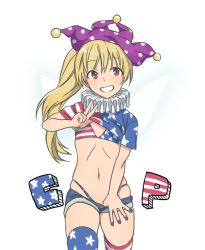Rule 34 | 1girl, alternate costume, alternate hairstyle, alternate legwear, american flag bikini, american flag legwear, american flag shirt, bikini, bikini under clothes, blonde hair, clothes lift, clothes pull, clownpiece, fairy wings, fingernails, flag print, flat chest, grin, hat, highleg, highleg bikini, highleg swimsuit, jester cap, long hair, looking at viewer, multicolored nails, nail polish, navel, neck ruff, pants, pants pull, ponytail, print thighhighs, red eyes, shirt lift, short sleeves, shorts, shorts pull, simple background, smile, solo, star (symbol), striped, swimsuit, swimsuit under clothes, thighhighs, thong, thong bikini, touhou, toujou (toujou ramen), v, very long hair, white background, wings