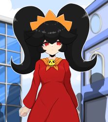 Rule 34 | 1girl, absurdres, arms at sides, ashley (warioware), black hair, blue sky, building, closed mouth, day, dress, hair between eyes, hairband, highres, long hair, long sleeves, looking to the side, neckerchief, nintendo, orange hairband, orange neckwear, outdoors, outline, red dress, red eyes, rnt (251139), sidelocks, silhouette, skull, sky, solo focus, standing, warioware, white outline